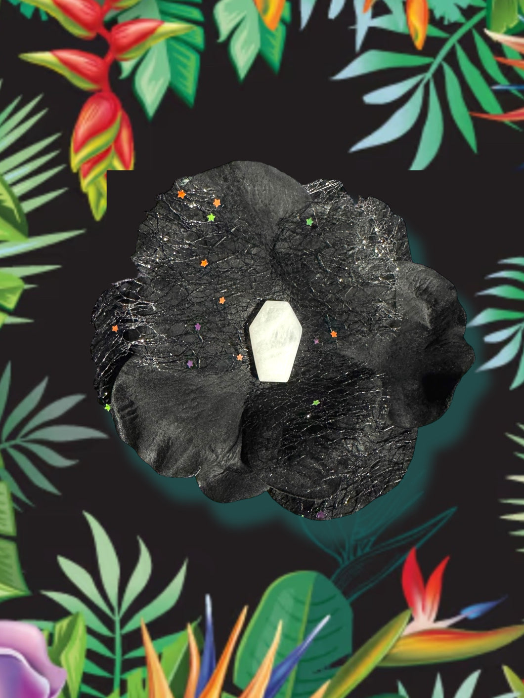 Clear quartz coffin black glittered flower hair clip