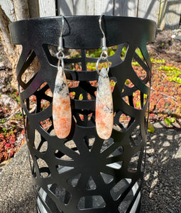 Natural Orange Sunstone Teardrop Earring W/ Dendritic Black Hematite Inclusion