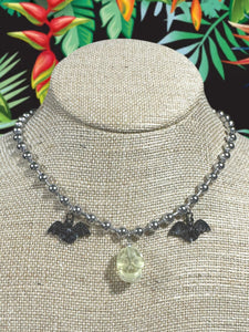 Citrine skull with bats ball chain necklace