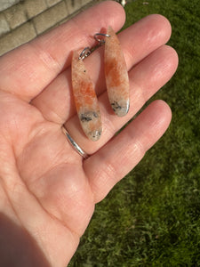 Natural Orange Sunstone Teardrop Earring W/ Dendritic Black Hematite Inclusion