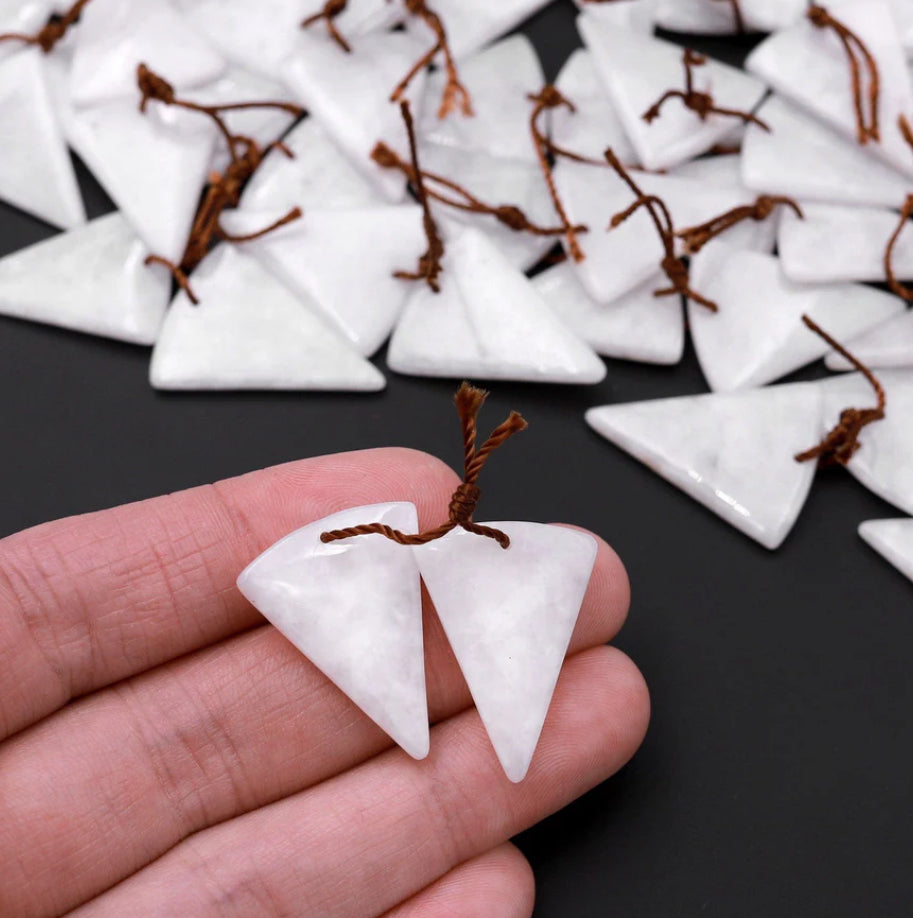 Icy Natural Burma White Jade Triangle Earrings
