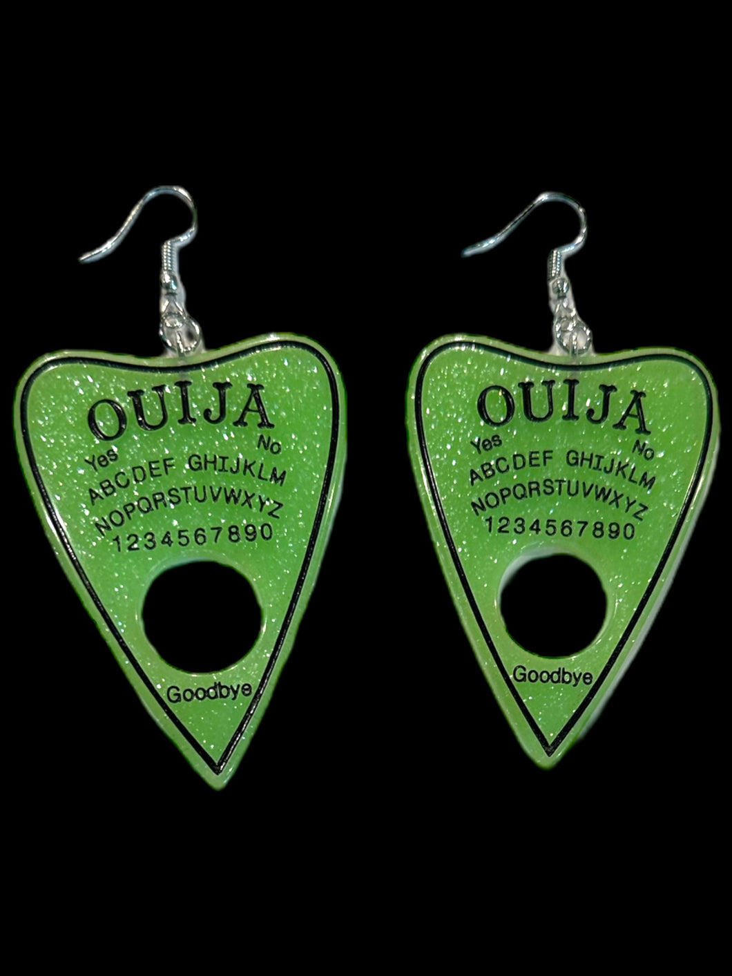 Light green glitter Ouija planchette earrings