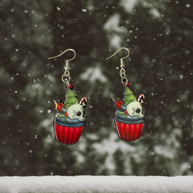 Skull Christmas Tree Cupcake Dangle Earrings