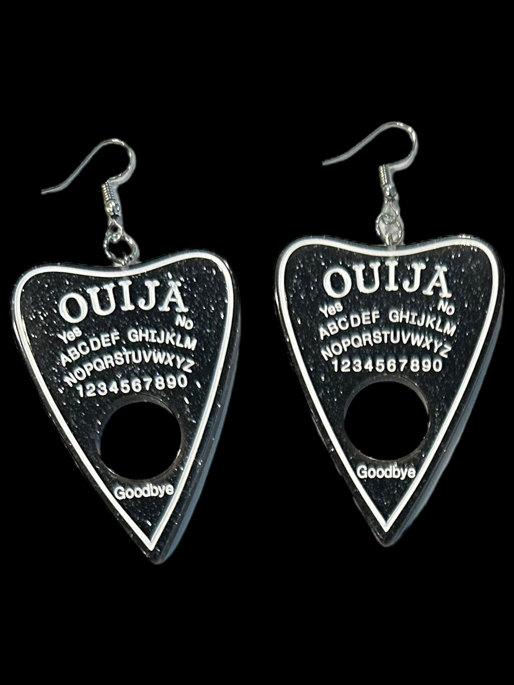 Black glitter Ouija planchette earrings